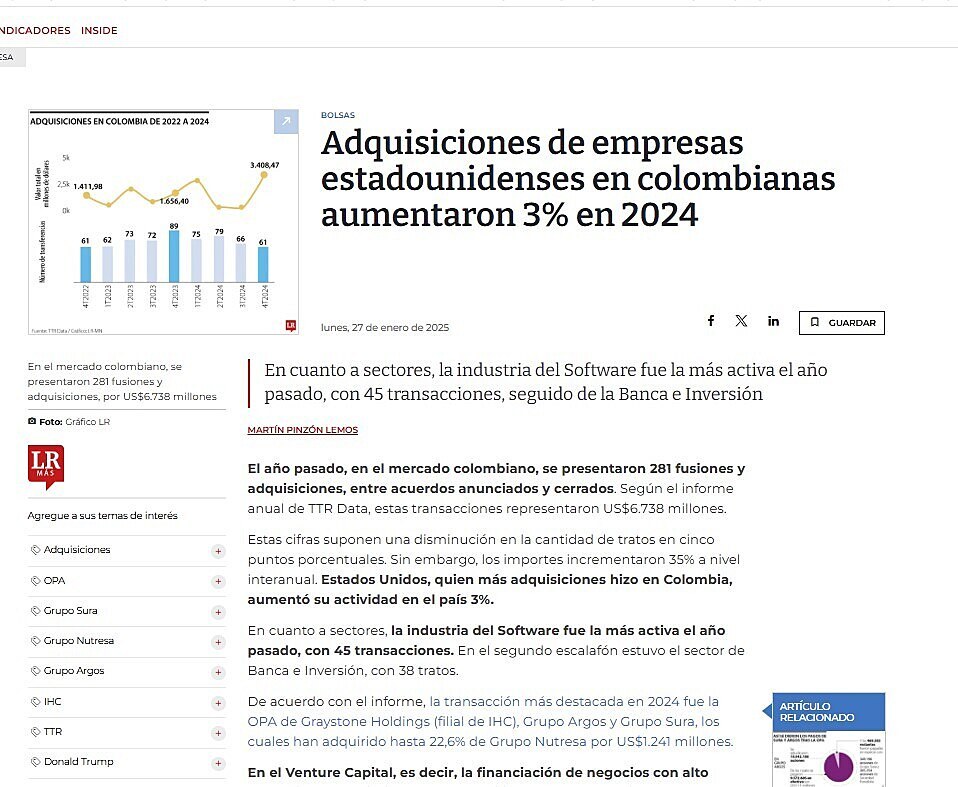 Adquisiciones de empresas estadounidenses en colombianas aumentaron 3% en 2024